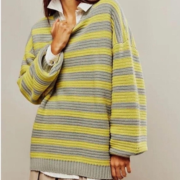 Free People Sweaters - NEW Free People Links Pullover Oversized Sweater Yellow/Grey Stripe Combo Medium